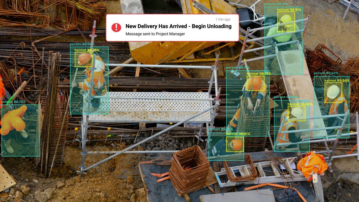 CCTV view detecting workers and safety helmets